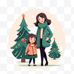 一家人的剪影图片_母女圣诞节临近圣诞树时尚矢量图