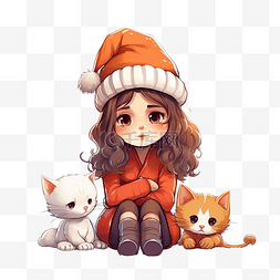 问号卡通素材图片_戴着圣诞帽的可爱女孩和猫坐在一