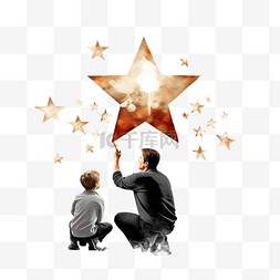 父亲和儿子把一颗星星放在圣诞树