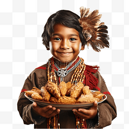 可爱的感恩节印度本土男孩配炸鸡