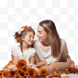 木地板主图图片_感恩节快乐母亲和女儿木地板树叶