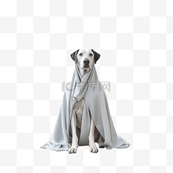 一只穿着鬼魂服装的狗站在为庆祝