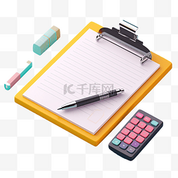 紫色商业背景图片_检查列表与剪贴板计算器铅笔插图