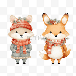 熊和狐狸图片_圣诞快乐庆祝狐狸熊和兔子卡套装