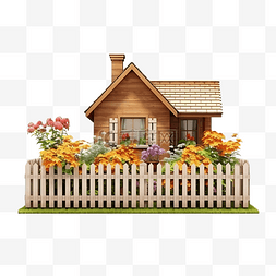 花与栅栏图片_3d 模型木房子与花盆围栏隔离
