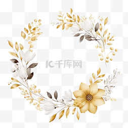 花环贴纸图片_金色花环框架鲜花花卉艺术风格圆