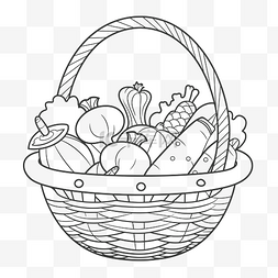 蔬菜篮子线条图片_黑线轮廓草图显示了装有面包和蔬