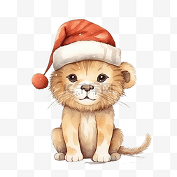 可爱小动物水彩图片_圣诞节可爱的狮子，带有水彩插图