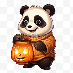 提着卡通图片_可爱万圣节提着灯笼的南瓜头熊猫