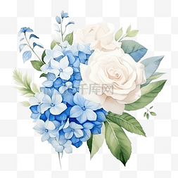 水彩美丽的白玫瑰和蓝色石墨植物