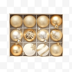 金色的表面图片_白色表面有金色圣诞装饰球的盒子