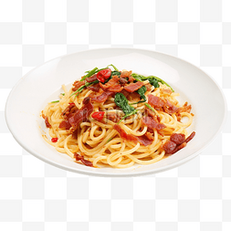 食物面条图片_白盘上炒干辣椒和脆培根的意大利