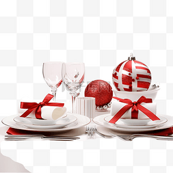 圣诞餐桌布置，配有白色和红色装
