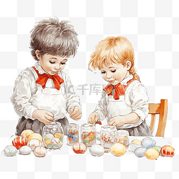 小孩子们为节日画复活节彩蛋