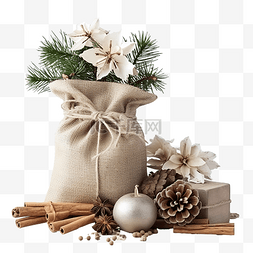 装礼物袋子图片_复古木板上的自然圣诞装饰品，袋