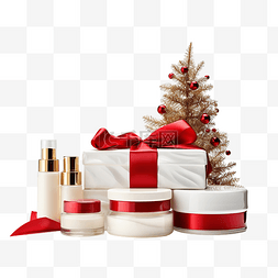 保湿霜罐和血清瓶和红丝带圣诞树