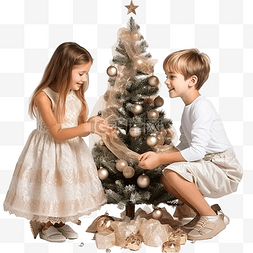 三个小孩子图片_三个白人孩子在装饰好的圣诞树旁