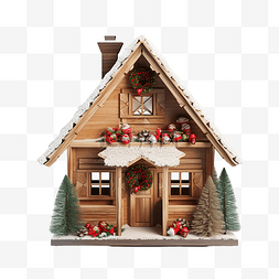 木制圣诞屋的内部配有圣诞装饰
