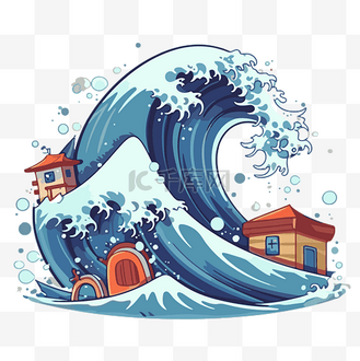 俯视房子卡通图片素材_海啸剪贴画卡通房子在海浪上 向量