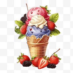 冰淇淋与水果和配料在晶圆锥上隔