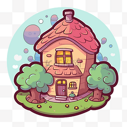草气泡图片_草坪上的卡通房子，以气泡为装饰