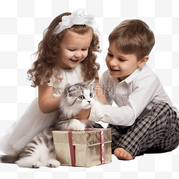小猫玩耍图片图片_兄妹在圣诞树下和小猫玩耍