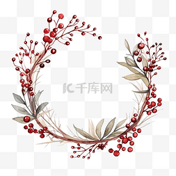红色浆果图片_冬季花环，水彩干枝冬青和红色浆