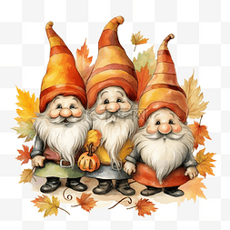 秋天卡通海报图片_可爱的三个感恩节小矮人拿着南瓜