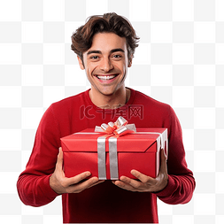 圣诞节打开礼盒图片_一个年轻男性在圣诞节打开红色礼