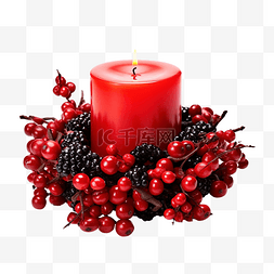 专业图片_红色燃烧蜡烛和圣诞花环的人造黑