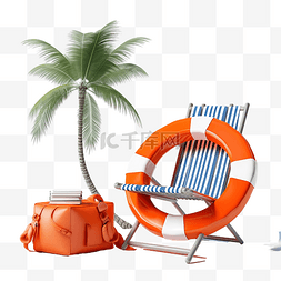 带伞棕榈树救生圈海边手提箱的沙