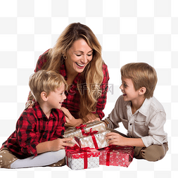 母亲和孩子交换并打开圣诞礼物