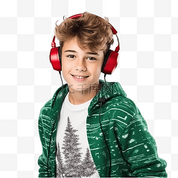 戴耳机的模特图片_穿着圣诞毛衣听音乐的肖像少年男