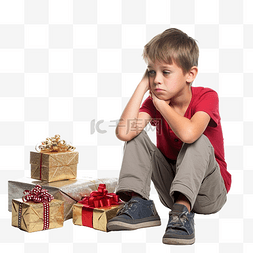 坐在地板上的男孩不喜欢圣诞礼物