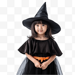 亞洲小女孩图片_万圣节穿着女巫服装和帽子的亚洲