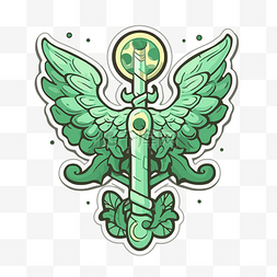 绿色剑与翅膀贴纸设计 向量