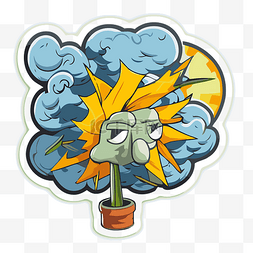 太阳花贴纸设计图片_僵尸角色贴纸，背景有太阳花和云