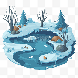 插画雪景图片_冰冻的池塘