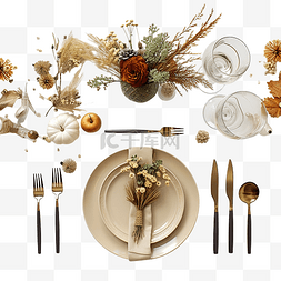 餐桌布格子布图片_感恩节餐桌布置与餐具的顶视图