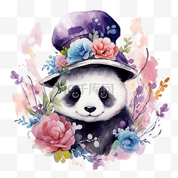 戴着帽子的水彩熊猫与花朵插图 ai