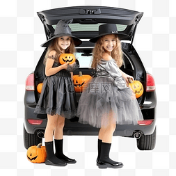 两个女孩姐妹庆祝万圣节汽车后备