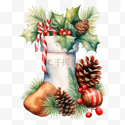 手绘松果图片_水彩圣诞袜子与冷杉树枝