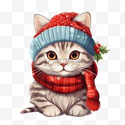 戴着圣诞帽子和围巾的滑稽猫