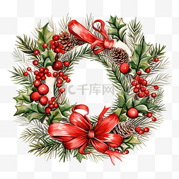 手绘松果PNG图片_圣诞快乐花环素描风格构图与装饰