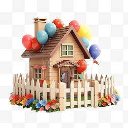 木屋模型图片_带气球花盆围栏的 3d 模型木屋