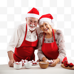 圣诞老人们图片_戴着圣诞红帽的老夫妇在厨房做饭