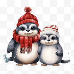 卡通浣熊图片_圣诞快乐庆祝浣熊企鹅和僧海豹带
