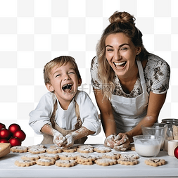 妈妈孩子拥抱图片_妈妈和儿子做鬼脸，在厨房里开心