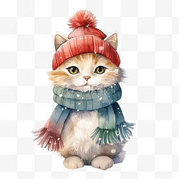 水彩艺术卡通圣诞猫戴着帽子和围