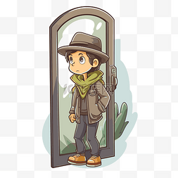 玻璃门设计图片_卡通戴帽子的小男孩站在玻璃门剪